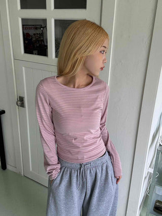 Daily Stretchy Striped Slim Fit Round Long Sleeve Tee
