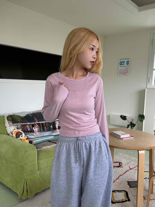 Daily Stretchy Striped Slim Fit Round Long Sleeve Tee