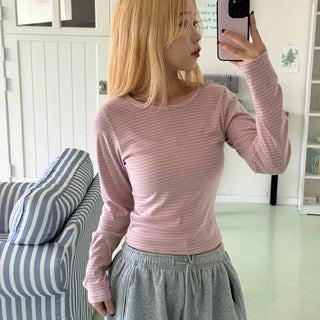 Daily Stretchy Striped Slim Fit Round Long Sleeve Tee