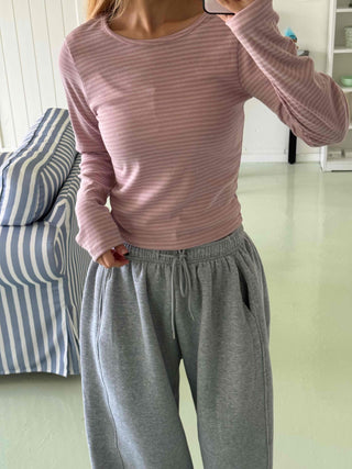 Daily Stretchy Striped Slim Fit Round Long Sleeve Tee