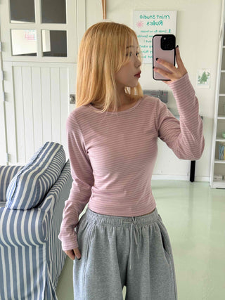 Daily Stretchy Striped Slim Fit Round Long Sleeve Tee