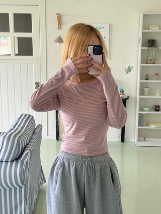 Daily Stretchy Striped Slim Fit Round Long Sleeve Tee