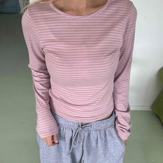 Daily Stretchy Striped Slim Fit Round Long Sleeve Tee