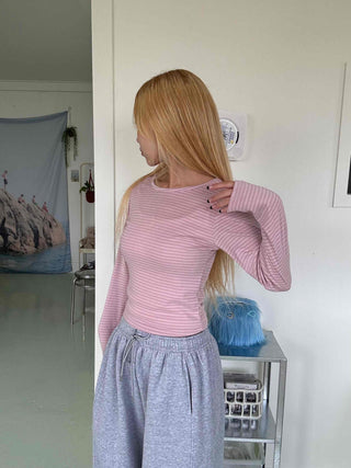 Daily Stretchy Striped Slim Fit Round Long Sleeve Tee