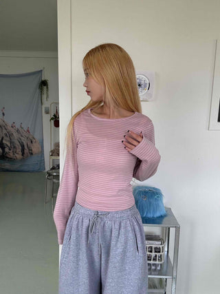 Daily Stretchy Striped Slim Fit Round Long Sleeve Tee