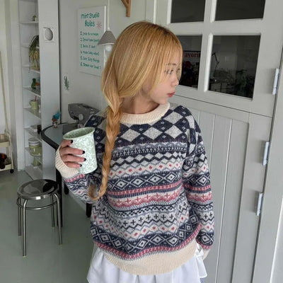 Nordic Fair Isle Pattern Loose Fit Round Knit