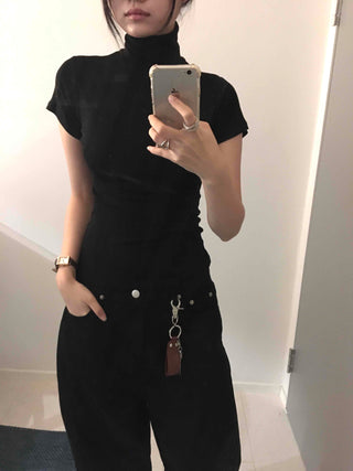 Chic Mandarin Collar Slim Fit Puff Short Sleeve Tee