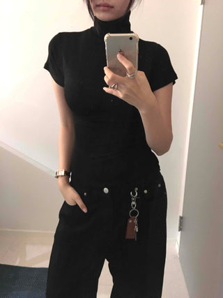Chic Mandarin Collar Slim Fit Puff Short Sleeve Tee