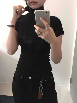 Chic Mandarin Collar Slim Fit Puff Short Sleeve Tee