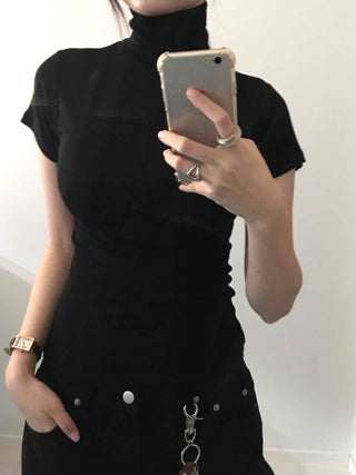 Chic Mandarin Collar Slim Fit Puff Short Sleeve Tee