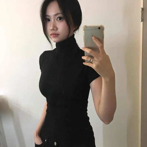 Chic Mandarin Collar Slim Fit Puff Short Sleeve Tee