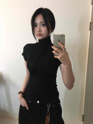 Chic Mandarin Collar Slim Fit Puff Short Sleeve Tee