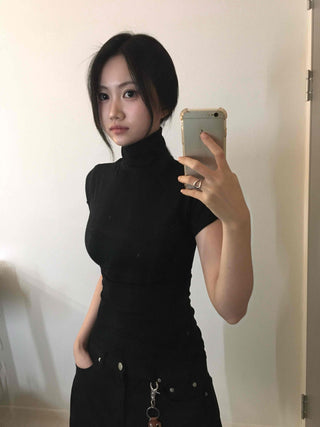 Chic Mandarin Collar Slim Fit Puff Short Sleeve Tee