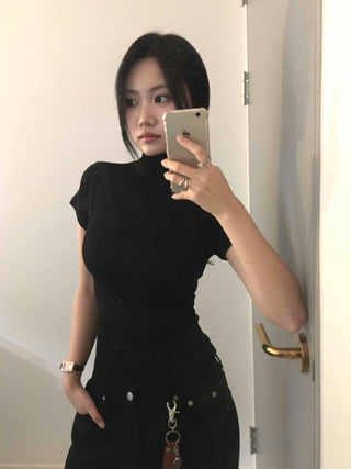 Chic Mandarin Collar Slim Fit Puff Short Sleeve Tee