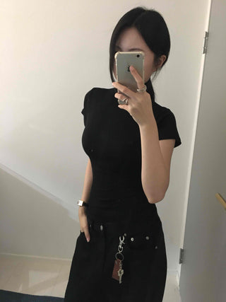 Chic Mandarin Collar Slim Fit Puff Short Sleeve Tee