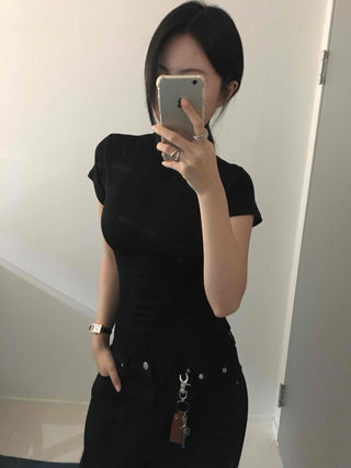 Chic Mandarin Collar Slim Fit Puff Short Sleeve Tee