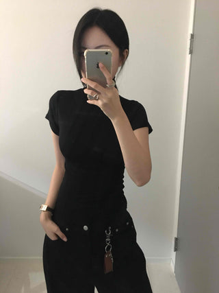 Chic Mandarin Collar Slim Fit Puff Short Sleeve Tee
