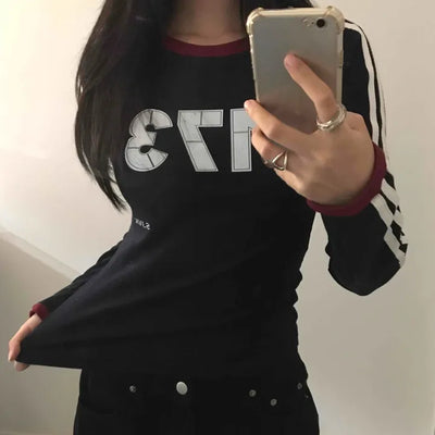 Campus Look Color Block Neck Lettering Line Tape Long Sleeve T-shirt