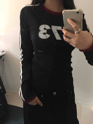 Campus Look Color Block Neck Lettering Line Tape Long Sleeve T-shirt