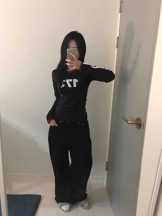 Campus Look Color Block Neck Lettering Line Tape Long Sleeve T-shirt