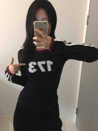 Campus Look Color Block Neck Lettering Line Tape Long Sleeve T-shirt
