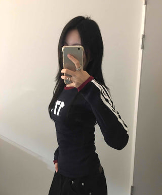 Campus Look Color Block Neck Lettering Line Tape Long Sleeve T-shirt