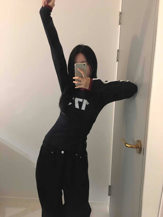 Campus Look Color Block Neck Lettering Line Tape Long Sleeve T-shirt
