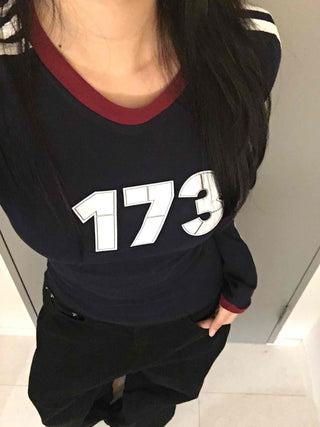 Campus Look Color Block Neck Lettering Line Tape Long Sleeve T-shirt