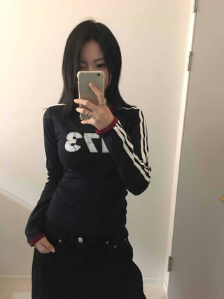 Campus Look Color Block Neck Lettering Line Tape Long Sleeve T-shirt