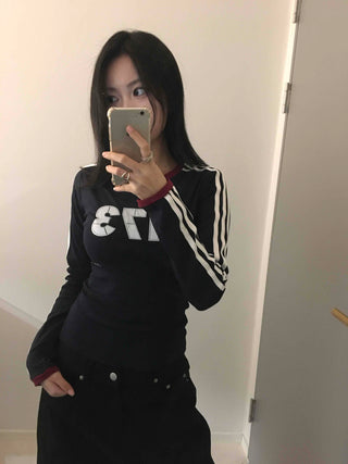 Campus Look Color Block Neck Lettering Line Tape Long Sleeve T-shirt