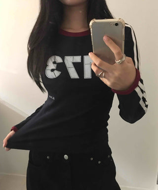Campus Look Color Block Neck Lettering Line Tape Long Sleeve T-shirt