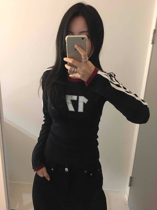 Campus Look Color Block Neck Lettering Line Tape Long Sleeve T-shirt