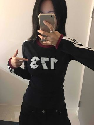 Campus Look Color Block Neck Lettering Line Tape Long Sleeve T-shirt