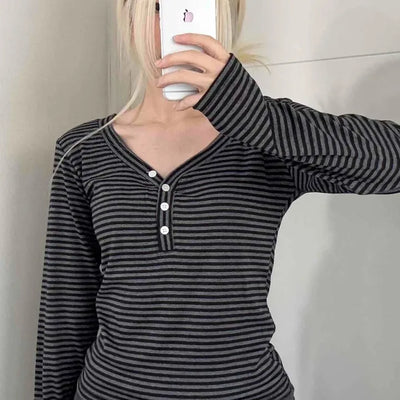 Comfy Autumn Henley Neck Rib Stripe Long Sleeve T-shirt