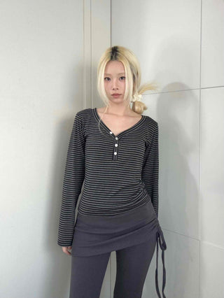 Comfy Autumn Henley Neck Rib Stripe Long Sleeve T-shirt