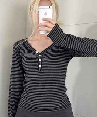 Comfy Autumn Henley Neck Rib Stripe Long Sleeve T-shirt