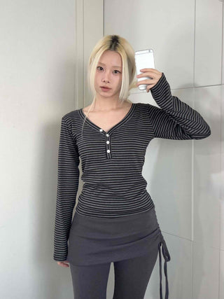 Comfy Autumn Henley Neck Rib Stripe Long Sleeve T-shirt