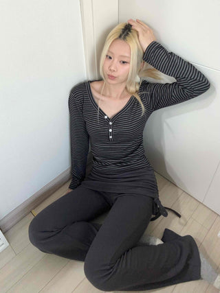Comfy Autumn Henley Neck Rib Stripe Long Sleeve T-shirt