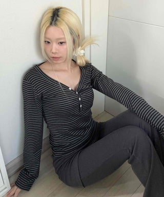 Comfy Autumn Henley Neck Rib Stripe Long Sleeve T-shirt