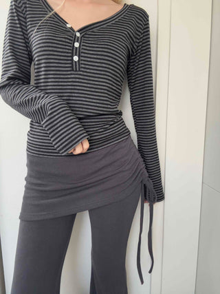 Comfy Autumn Henley Neck Rib Stripe Long Sleeve T-shirt