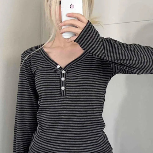 Comfy Autumn Henley Neck Rib Stripe Long Sleeve T-shirt