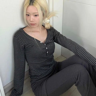 Comfy Autumn Henley Neck Rib Stripe Long Sleeve T-shirt
