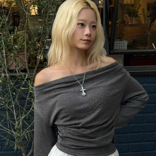Soft Slouch Neck Ribbed Slim Fit Long Sleeve T-shirt