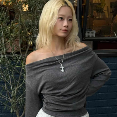 Soft Slouch Neck Ribbed Slim Fit Long Sleeve T-shirt