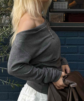 Soft Slouch Neck Ribbed Slim Fit Long Sleeve T-shirt