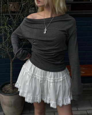 Soft Slouch Neck Ribbed Slim Fit Long Sleeve T-shirt