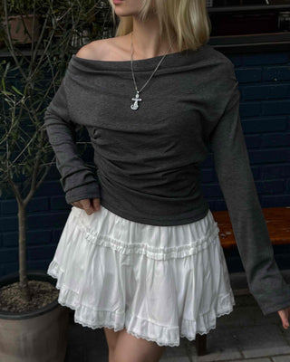 Soft Slouch Neck Ribbed Slim Fit Long Sleeve T-shirt