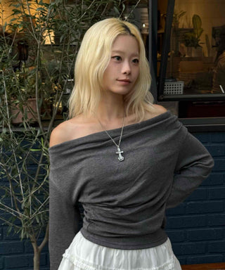 Soft Slouch Neck Ribbed Slim Fit Long Sleeve T-shirt