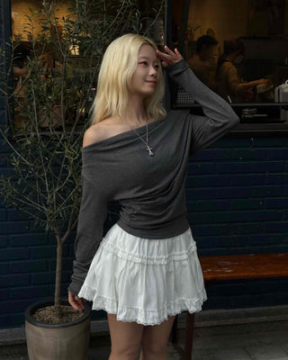 Soft Slouch Neck Ribbed Slim Fit Long Sleeve T-shirt