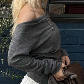 Soft Slouch Neck Ribbed Slim Fit Long Sleeve T-shirt